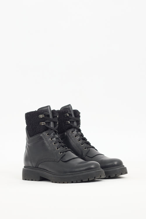 Moncler Black Leather & Tweed Combat Boot