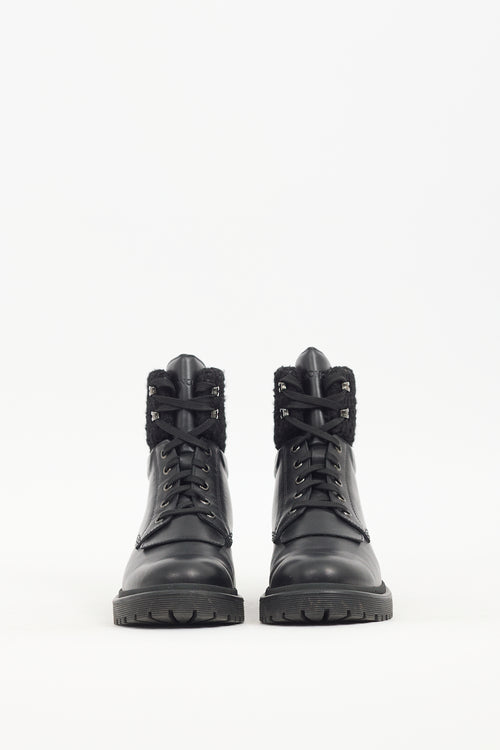 Moncler Black Leather & Tweed Combat Boot