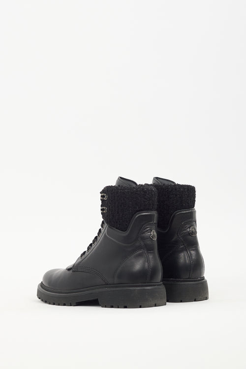 Moncler Black Leather & Tweed Combat Boot