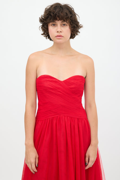 Monique Lhuillier Red Tulle Pleated Dress