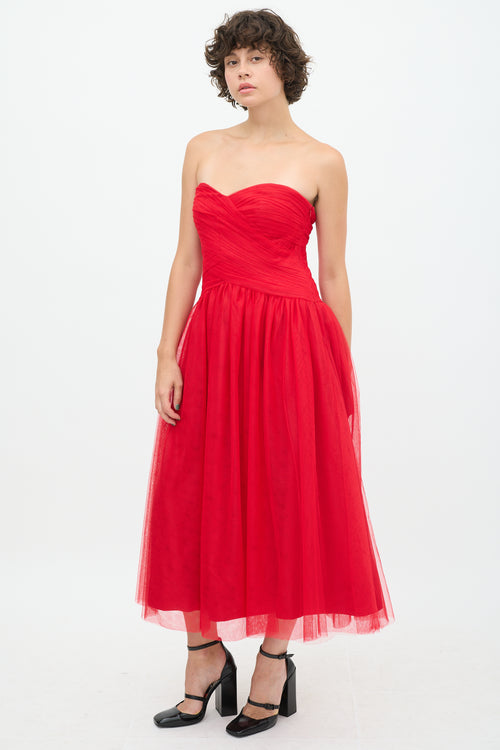 Monique Lhuillier Red Tulle Pleated Dress