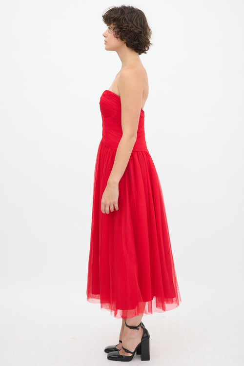 Monique Lhuillier Red Tulle Pleated Dress