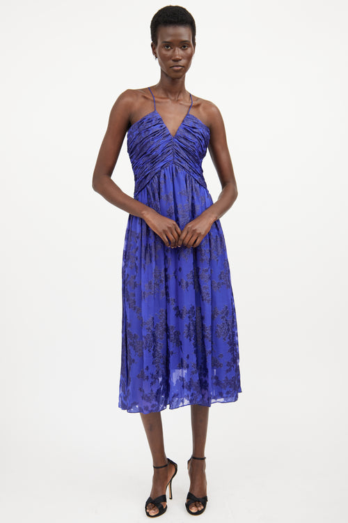 ML Monique Lhuillier Blue Silk Ruched Floral Dress