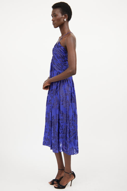 ML Monique Lhuillier Blue Silk Ruched Floral Dress