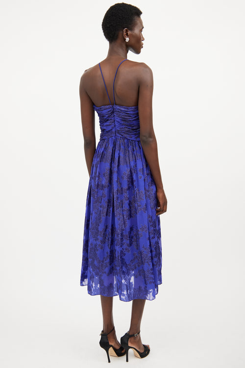 ML Monique Lhuillier Blue Silk Ruched Floral Dress