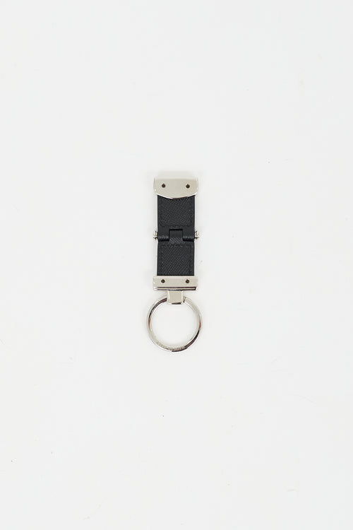 Montblanc Black & Silver Leather Key Fob Pivot Keychain