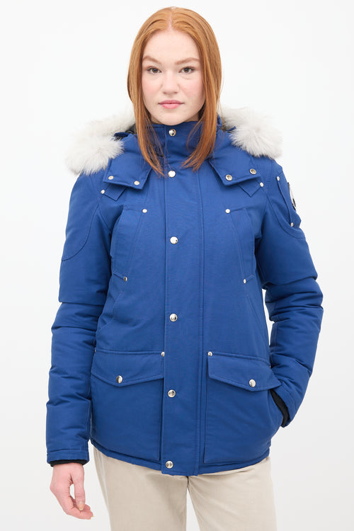 Moose Knuckles Blue Down & Fur Trim Parka Jacket