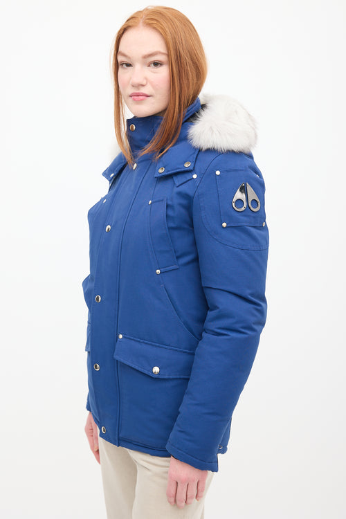 Moose Knuckles Blue Down & Fur Trim Parka Jacket