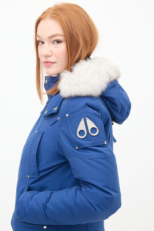 Moose Knuckles Blue Down & Fur Trim Parka Jacket