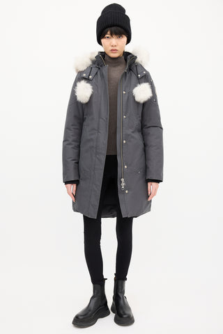 Moose Knuckles Grey Down Stirling Pom Pom Parka