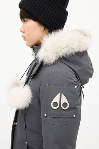 Moose Knuckles Grey Down Stirling Pom Pom Parka