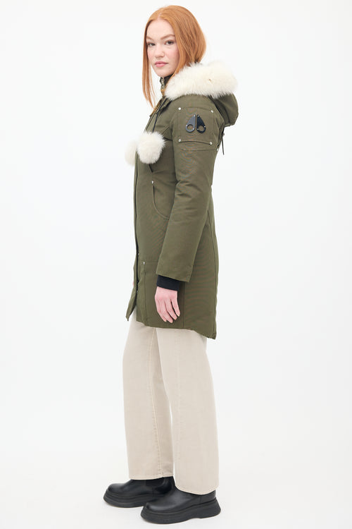 Moose Knuckles Khaki Green Down & Fur Trim Stirling Parka