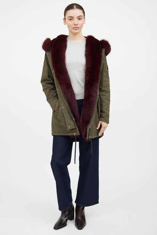 Moose Knuckles Green & Red Fur Trim Parka