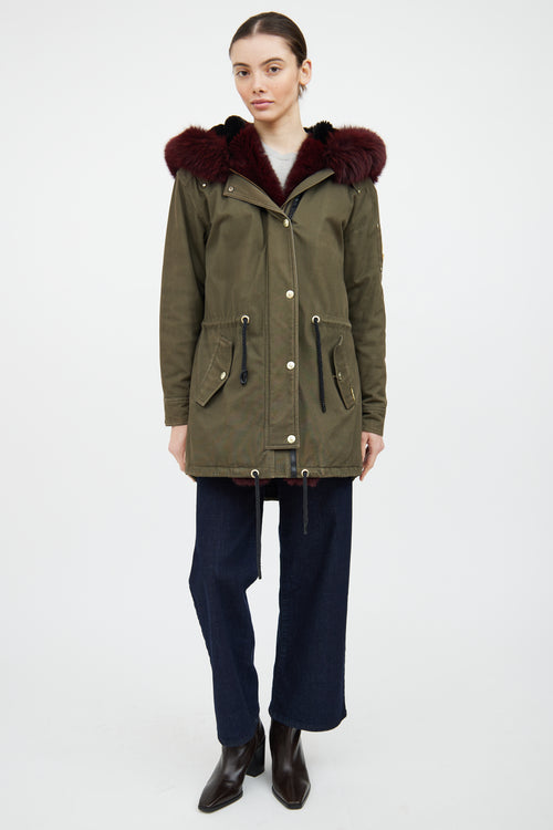 Moose Knuckles Green & Red Fur Trim Parka