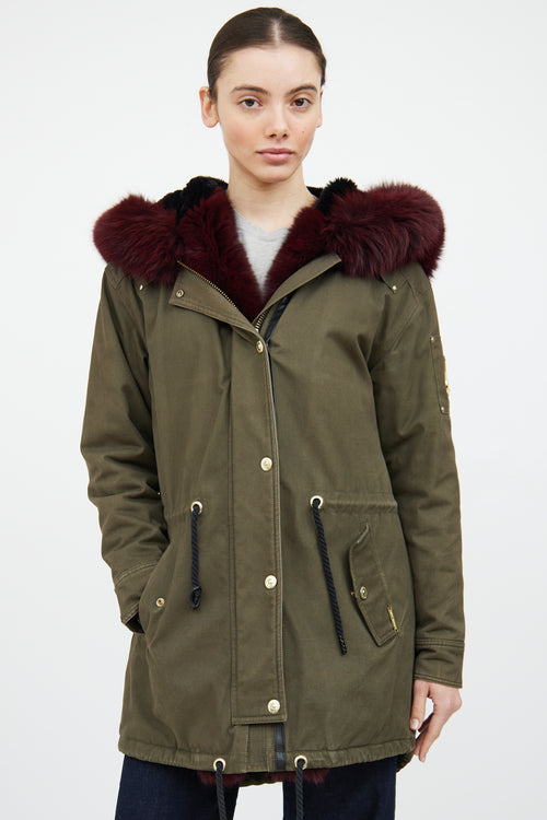 Moose Knuckles Green & Red Fur Trim Parka