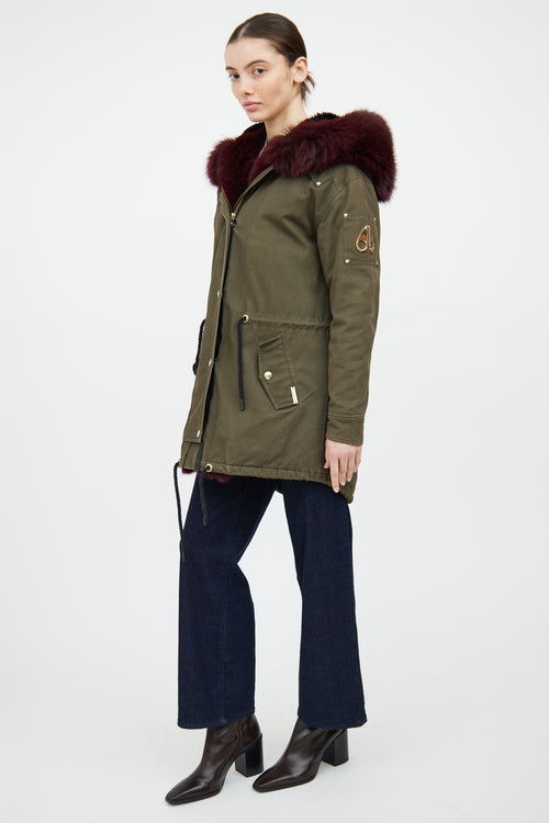 Moose Knuckles Green & Red Fur Trim Parka