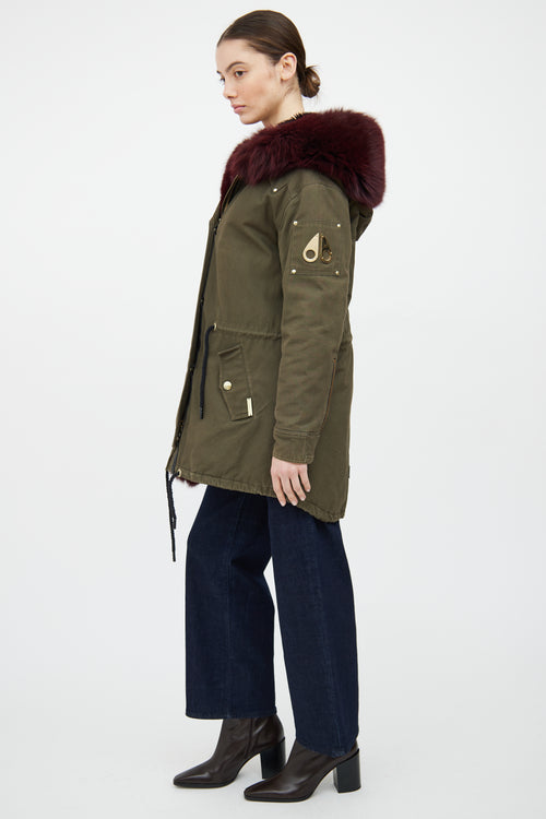 Moose Knuckles Green & Red Fur Trim Parka