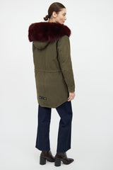 Moose Knuckles Green & Red Fur Trim Parka