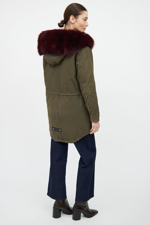Moose Knuckles Green & Red Fur Trim Parka