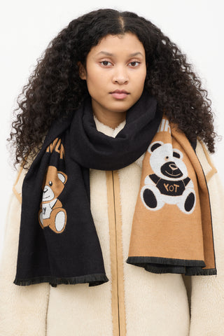 Moschino Love Black & Brown Bear Logo Scarf