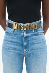 Moschino Black Embossed Leather & Gold Logo Belt