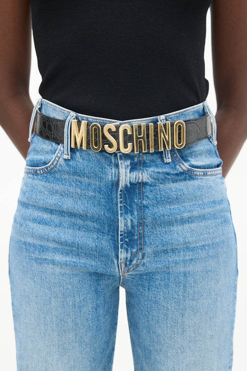 Moschino Black Embossed Leather & Gold Logo Belt