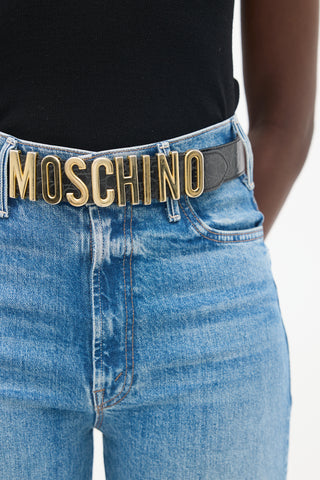 Moschino Black Embossed Leather & Gold Logo Belt