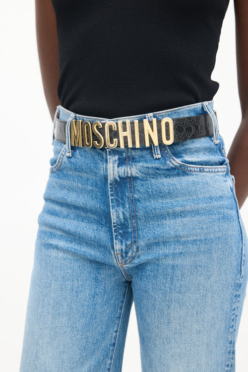 Moschino Black Embossed Leather & Gold Logo Belt