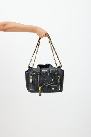 Moschino Black & Gold Leather Biker Shoulder Bag