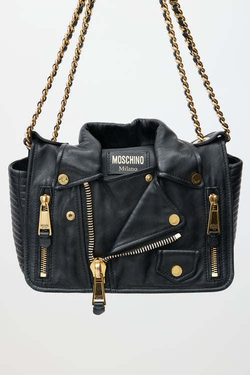 Moschino Black & Gold Leather Biker Shoulder Bag