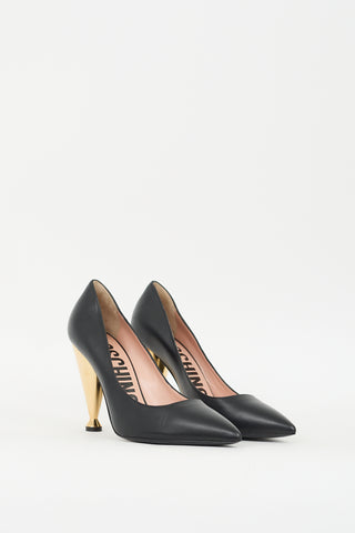 Moschino Black & Gold Leather Cone Heeled Pump