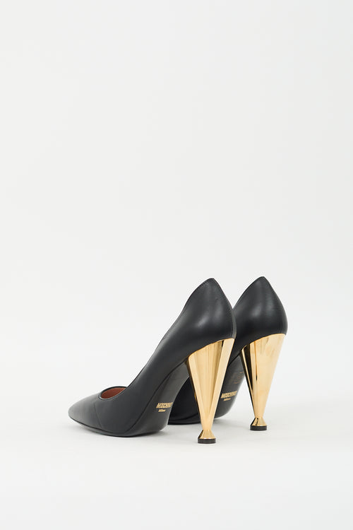 Moschino Black & Gold Leather Cone Heeled Pump