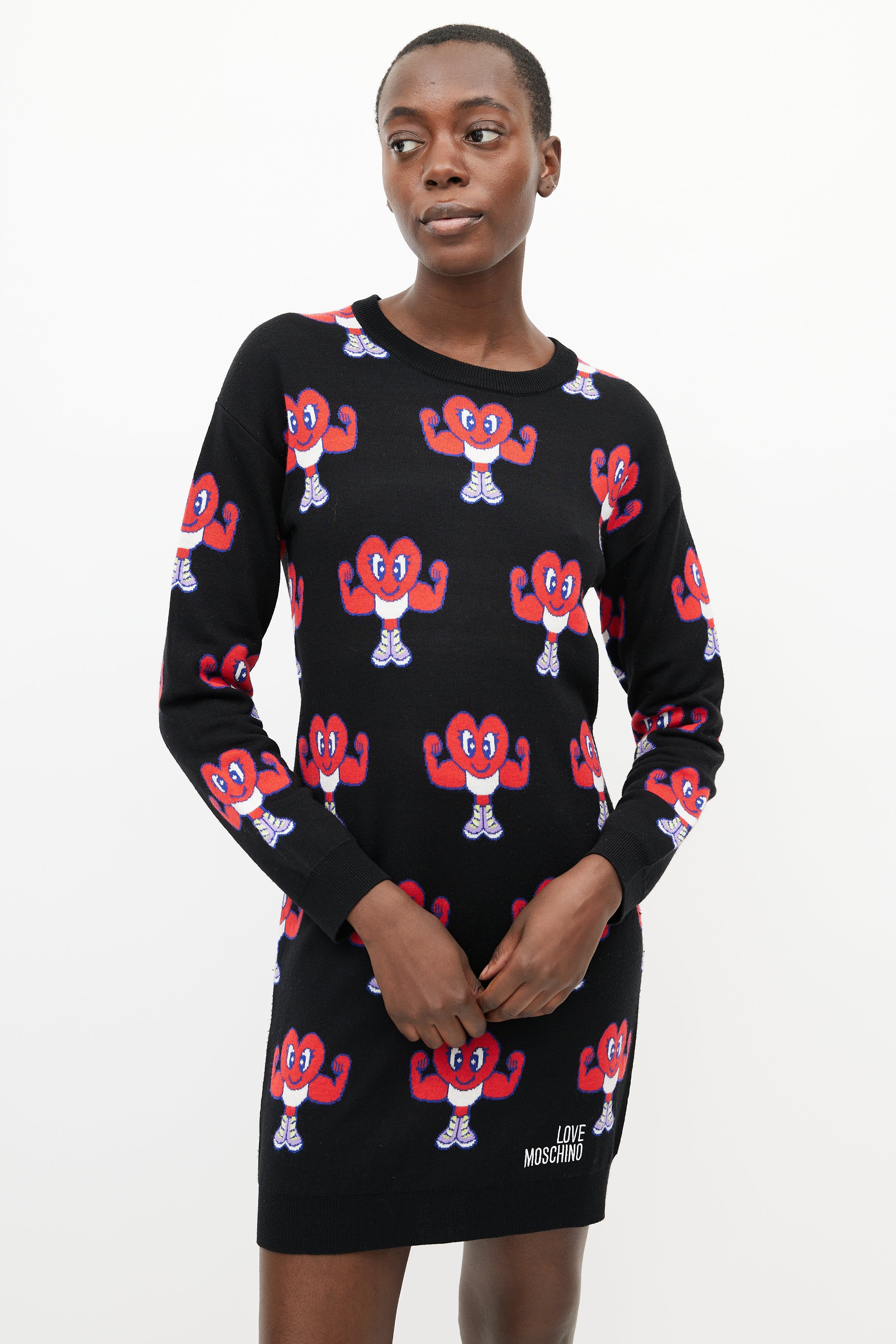 Moschino // Black & Red Muscle Heart Sweater Dress VSP Consignment Moschino // Black & Red Muscle Heart Sweater Dress VSP Consignment