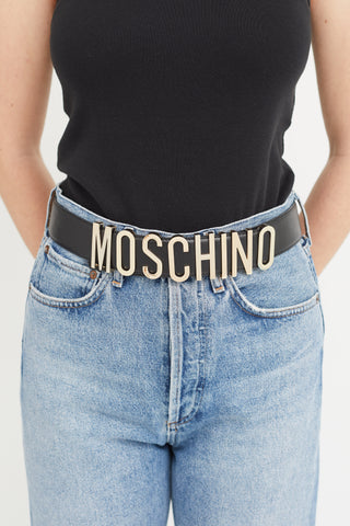 Moschino Black Leather & Gold Logo Buckle Belt