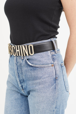 Moschino Black Leather & Gold Logo Buckle Belt