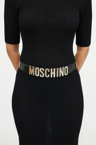 Moschino Black & Silver Leather Logo Belt