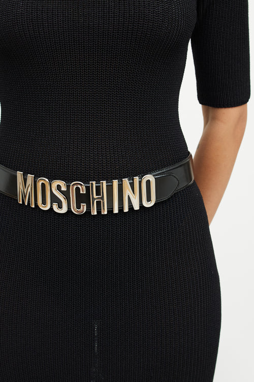 Moschino Black & Silver Leather Logo Belt