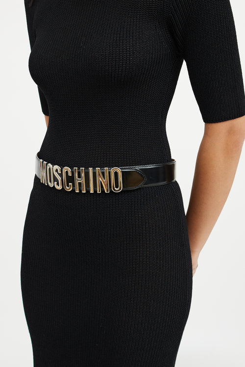 Moschino Black & Silver Leather Logo Belt