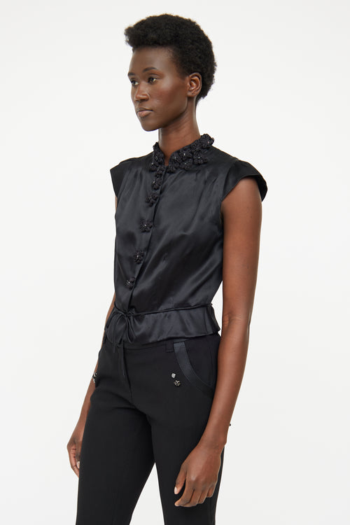Moschino Black Floral Detail Silk Short Sleeve Top