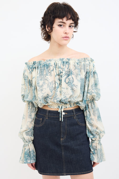 Moschino Blue & White Sheer Printed Off Shoulder Blouse