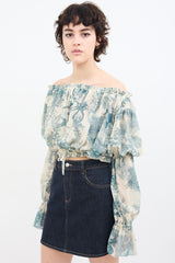 Moschino Blue & White Sheer Printed Off Shoulder Blouse