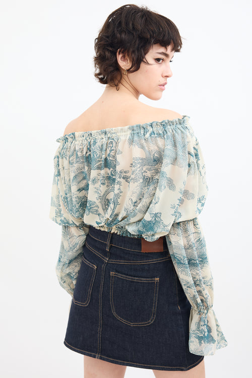 Moschino Blue & White Sheer Printed Off Shoulder Blouse