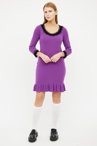 Boutique Moschino Purple & Black Wool Ribbed Lace Dress