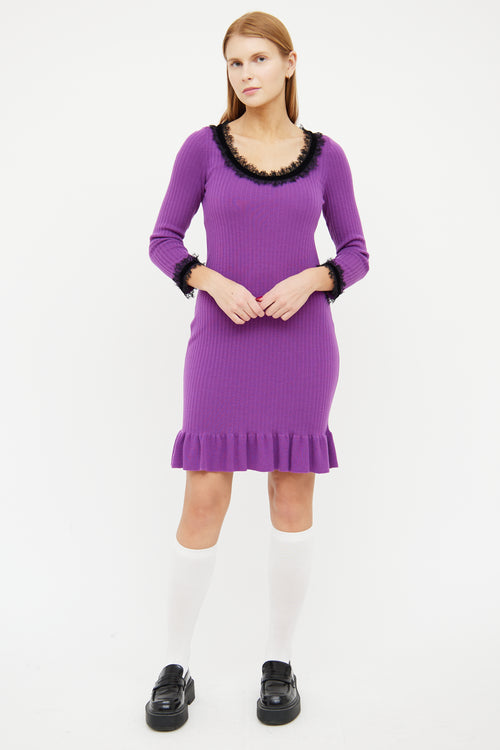 Boutique Moschino Purple & Black Wool Ribbed Lace Dress
