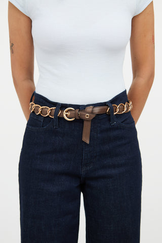 Moschino Brown & Rose Gold Leather Chain Link Belt