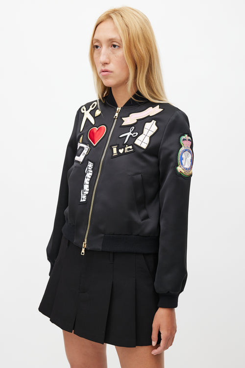 Moschino Cheap And Chic Black Satin Patches Bomber Jacket