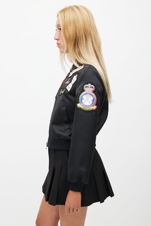 Moschino Cheap And Chic Black Satin Patches Bomber Jacket