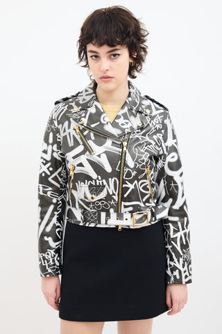 Moschino Couture Black & White Leather Graffiti Biker Jacket