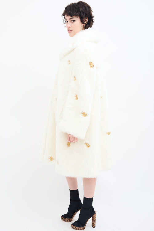 Moschino Couture White Faux Fur Embellished Coat