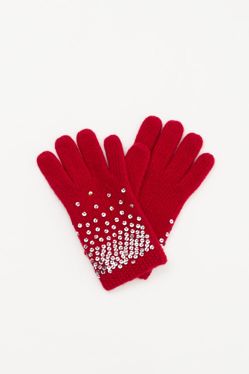 Moschino Red & Silver Sequin Logo Gloves